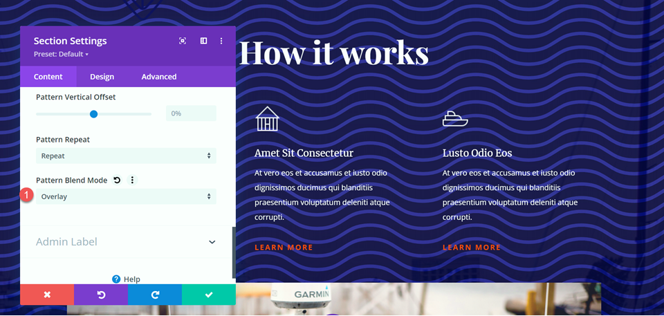 Patrón de fondo Divi Diseño de modo de fusión 2 Seleccionar modo de fusión