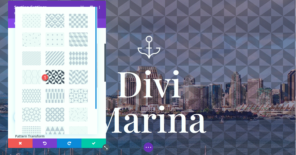Patrón de fondo Divi Modo de fusión Diseño 1 Seleccionar patrón