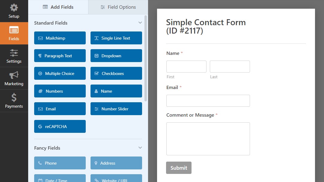 WPForms 간단한 문의 양식