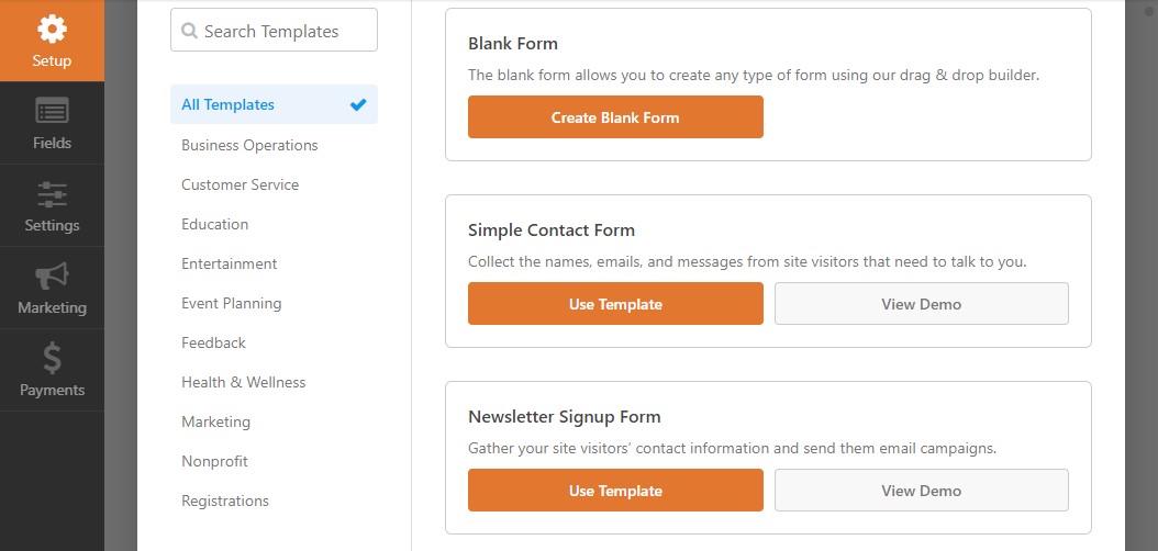 WPForms 양식 템플릿