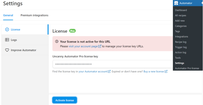 Wprowadź klucz licencyjny Uncanny Automator Enter Uncanny Automator license key