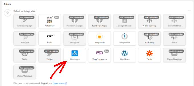 Wybierz webhooki jako integrację Select Webhooks as integration