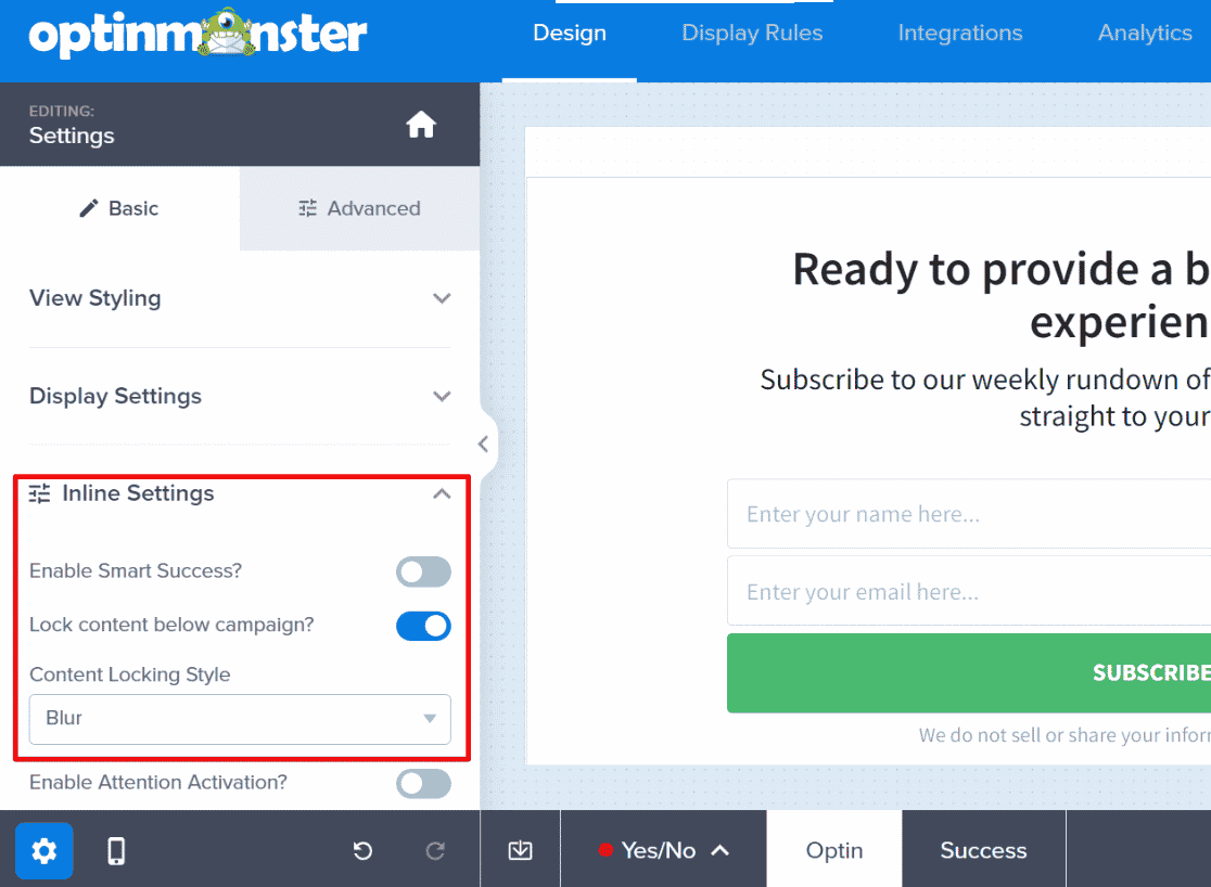 Configurações de campanha em linha OptinMosnter