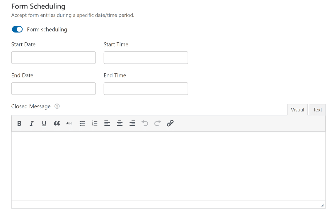 Configurações de agendamento de formulários WPForms