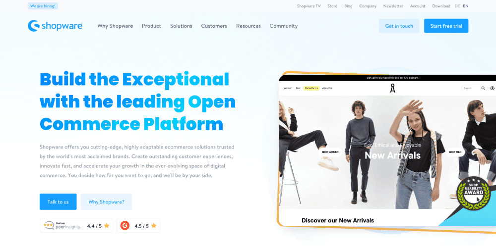 Articole de magazin Shopware's homepage that says,