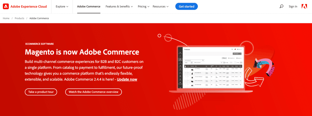 Adobe Commerce Adobe Commerce's homepage that says,