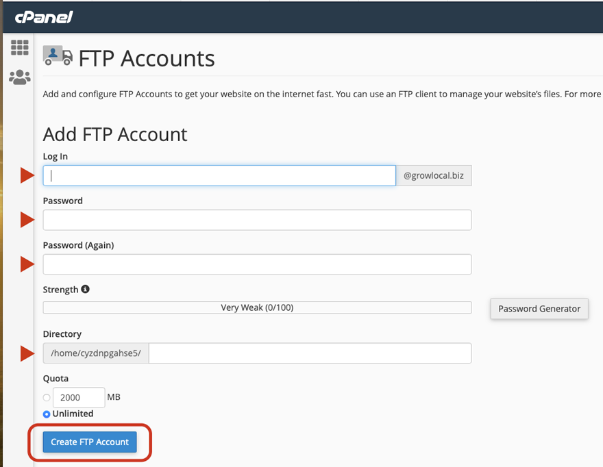 Creazione di un account FTP