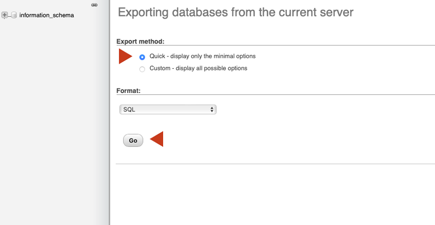 Esportazione di database con il sito di staging di WordPress