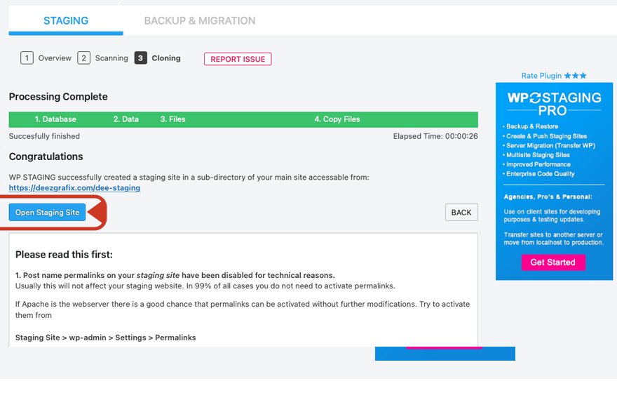 Apertura del tuo sito di staging WordPress con WP Staging