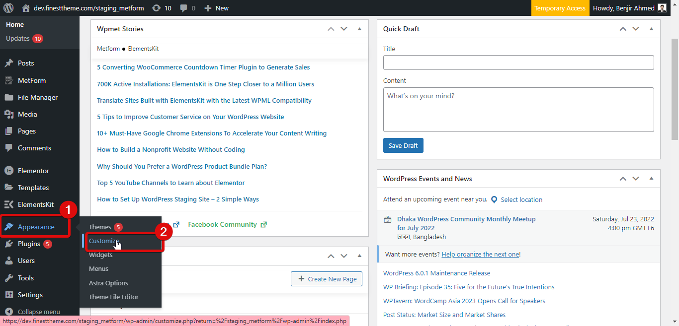 转到 WordPress 自定义选项 Elementor 自定义 css