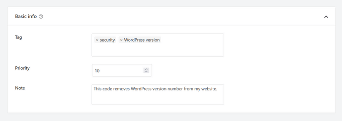 Добавьте описание кода, теги и приоритет в WPCode. Add code description, tags, and priority in WPCode