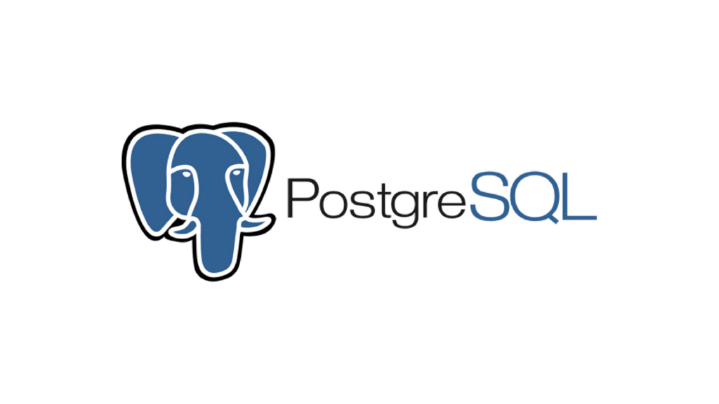 Logo PostgreSQL, menampilkan teks di bawah kepala gajah biru bergaya yang digariskan dalam warna hitam dan putih.