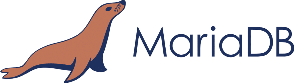 Logo MariaDB, menampilkan teks di sebelah singa laut berwarna cokelat dengan garis tepi biru.