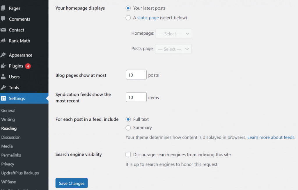8つの簡単なステップで無料でWordPressブログを開始する方法は? 11 Reading settings in WordPress