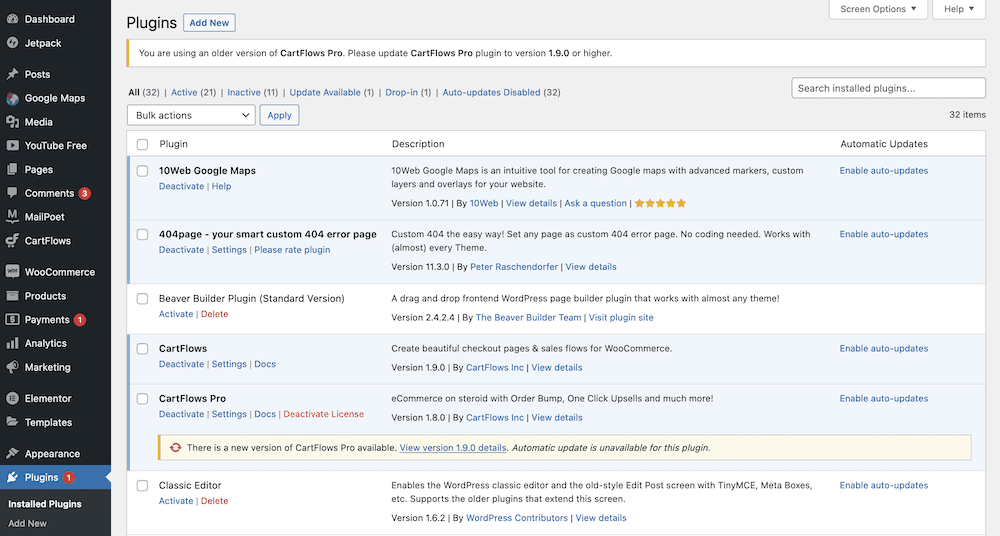 หน้าจอปลั๊กอินที่ติดตั้งของ WordPress