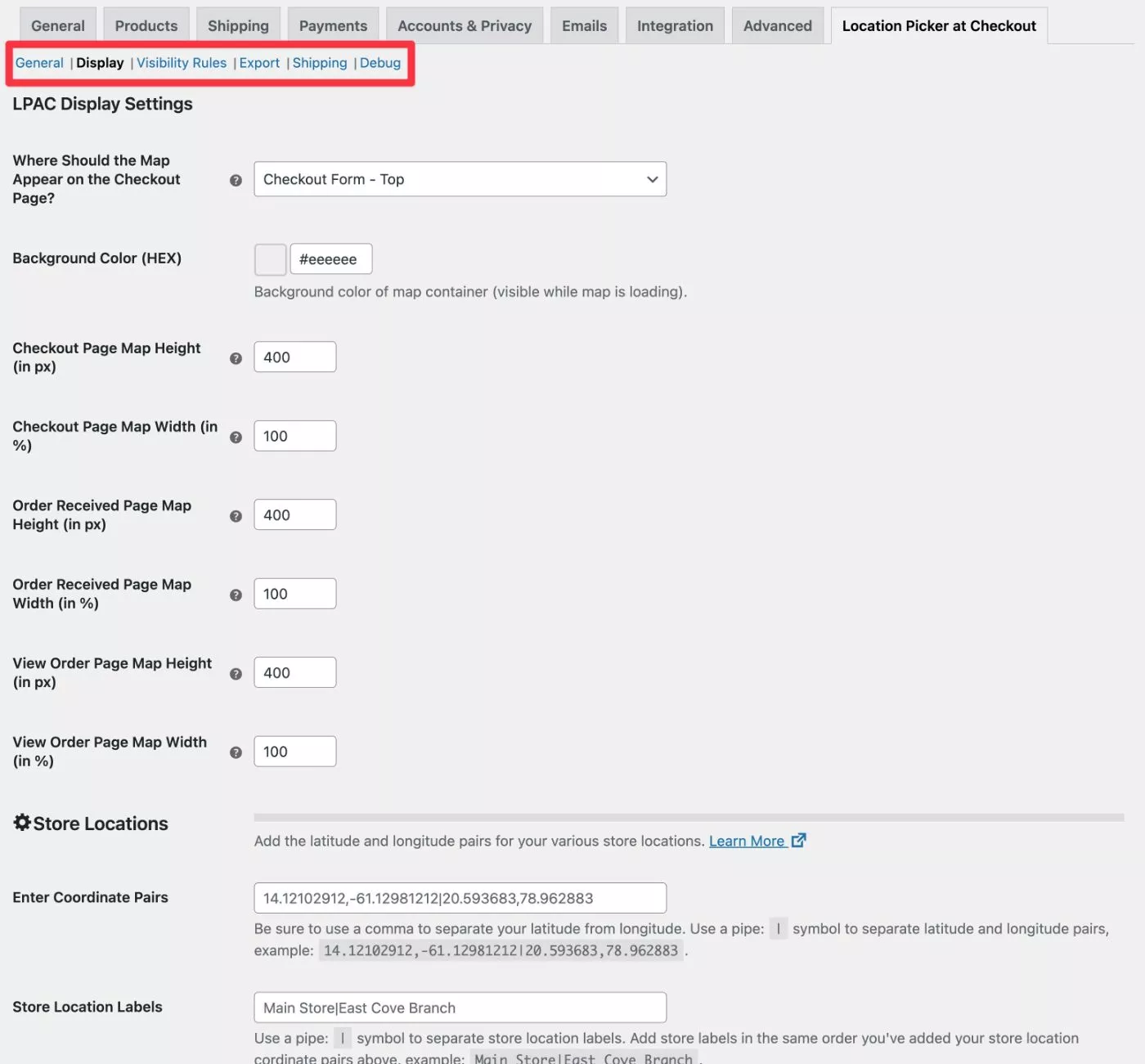 WooCommerce ayarları için Konum Seçici