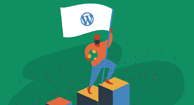 一个男人站在博客上,上面挂着 WordPress 标志的旗帜