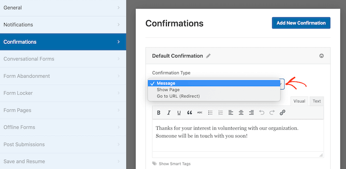 A mensagem de confirmação do formulário voluntário The volunteer form confirmation message