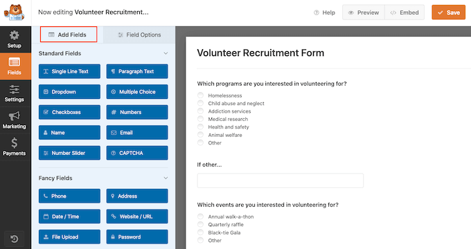 Adicionando campos ao formulário de inscrição voluntária do WPForms Adding fields to the WPForms volunteer application form