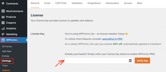 Inserindo sua chave de licença WPForms Entering your WPForms license key