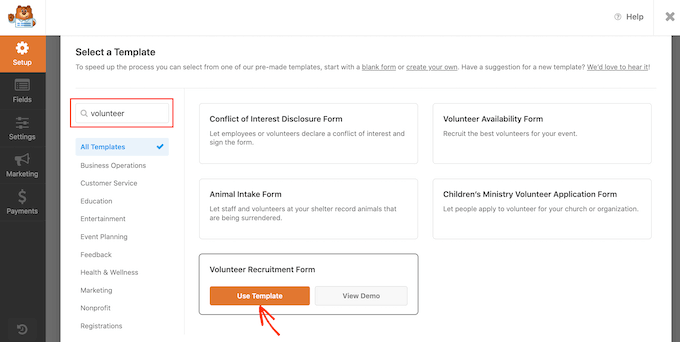 O modelo de formulário de recrutamento voluntário WPForms The WPForms volunteer recruitment form template