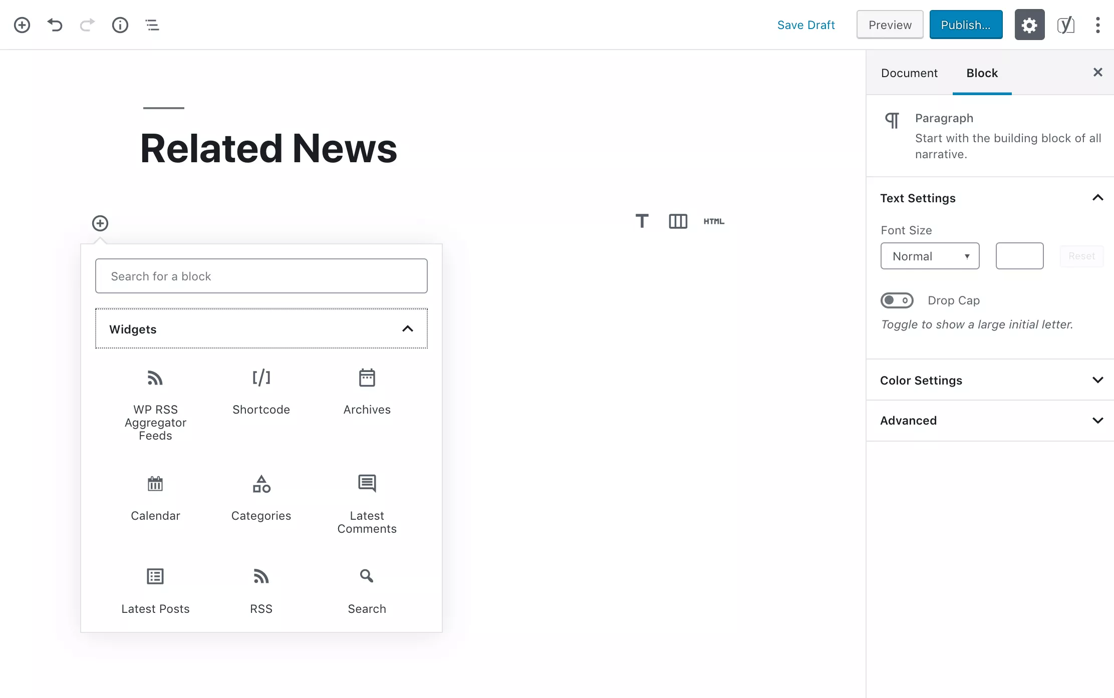 Adăugarea blocului WP RSS Aggregator Feed în editorul WordPress.