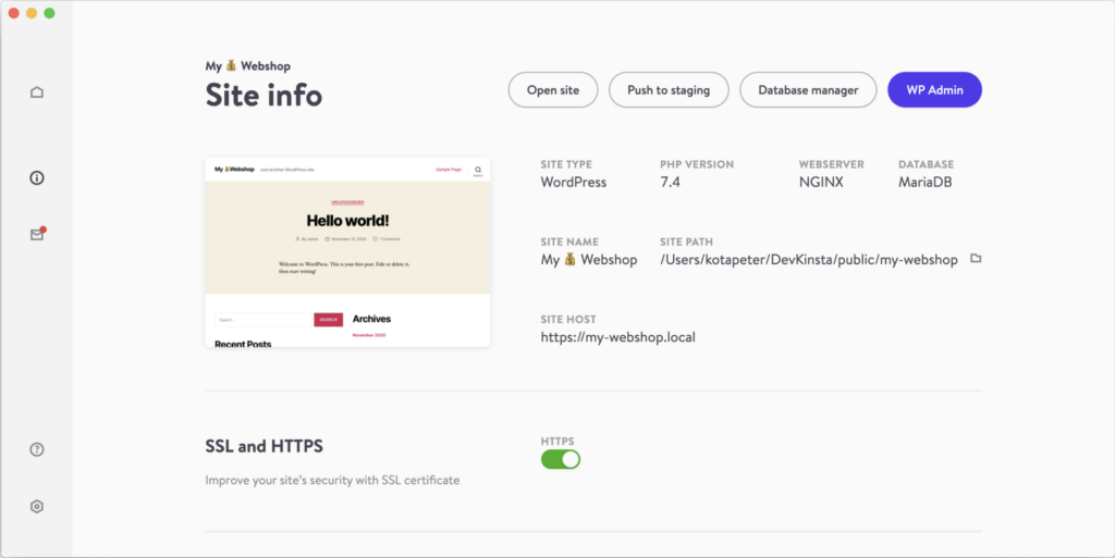 Detalhes para um site WordPress local no DevKinsta.