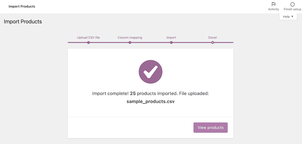 WooCommerce 내에서 가져온 제품을 볼 수 있는 버튼과 성공 메시지가 표시된 WooCommerce 제품 가져오기 화면.