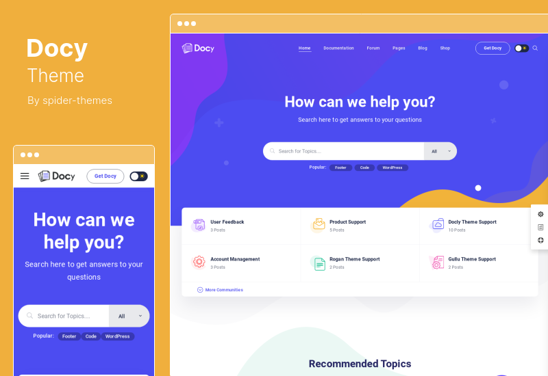 Docy Theme - Documentación y base de conocimientos Tema de WordPress con foro de soporte técnico