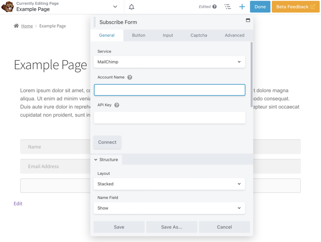 Seleccionar Mailchimp al crear una lista de correo electrónico.