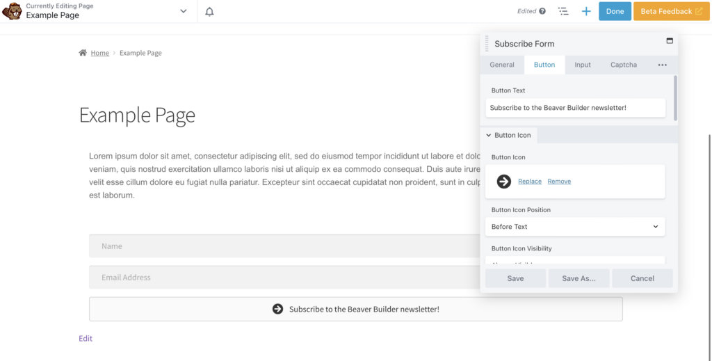 Un botón CTA en Beaver Builder.