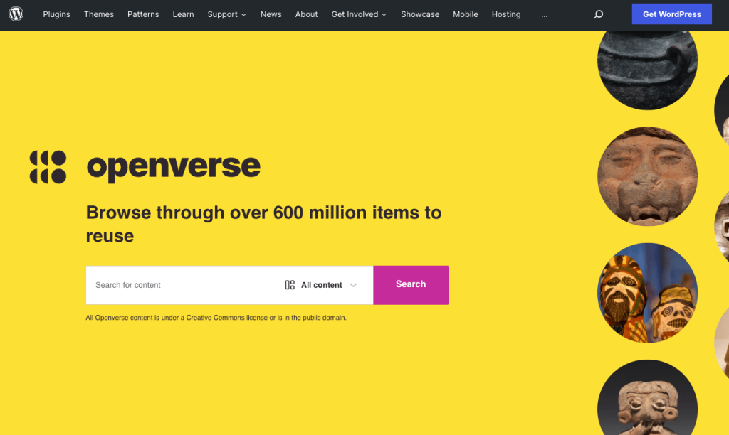 黄色背景色 WordPress Openverse 搜索工具
