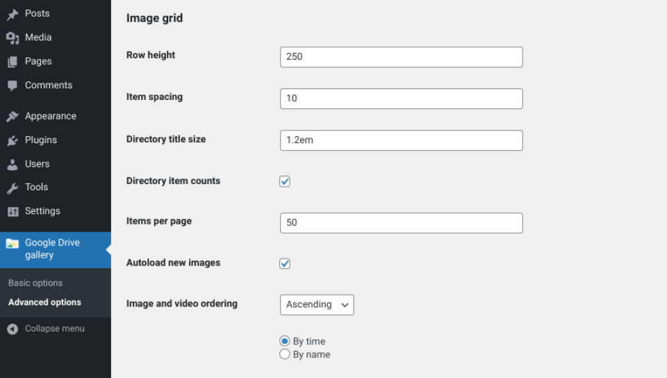 Die Einstellungen des Bild- und Videogalerie-Plugins.