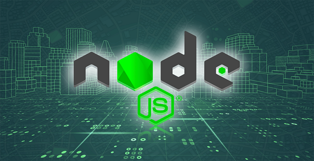 Uma imagem com fundo verde abstrato e o logotipo oficial do Node.js no centro.