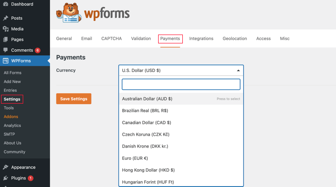 WPForms Ödeme Ayarlarında Para Biriminizi Ayarlayın Set Your Currency in WPForms Payments Settings