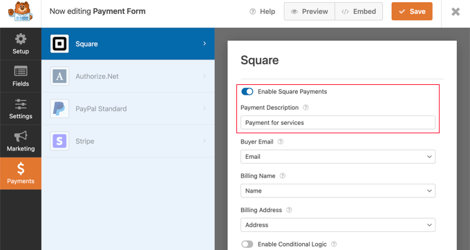 Kare Ödemeleri Etkinleştir Ayarını Açık konumuna getirin Toggle the Enable Square Payments Setting to the On Position