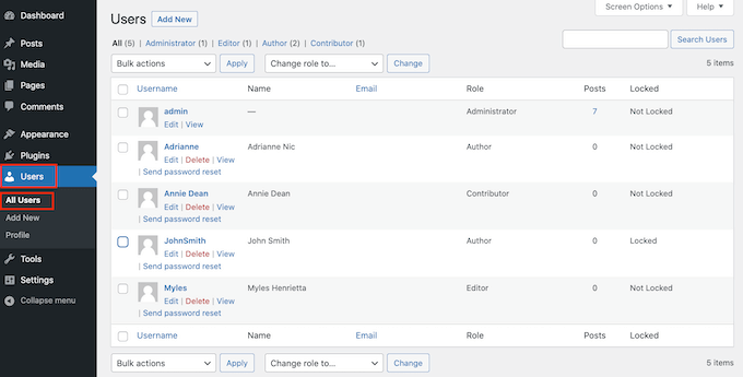 Lista kont użytkowników WordPress A list of WordPress user accounts