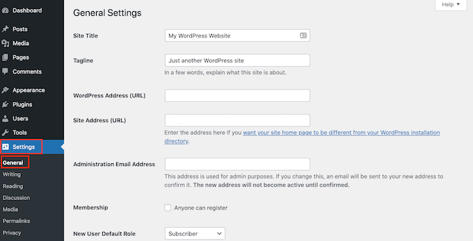 Strona ogólnych ustawień WordPress The WordPress general settings page