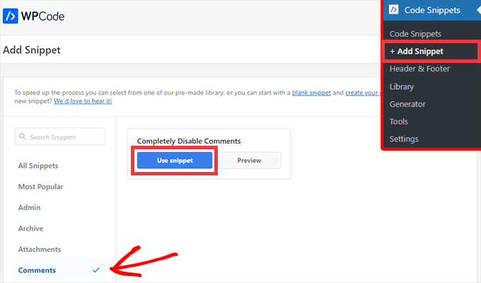 Fragment kodu WPCode, aby całkowicie wyłączyć komentarze w witrynie WordPress WPCode snippet to completely disable comments on your WordPress site