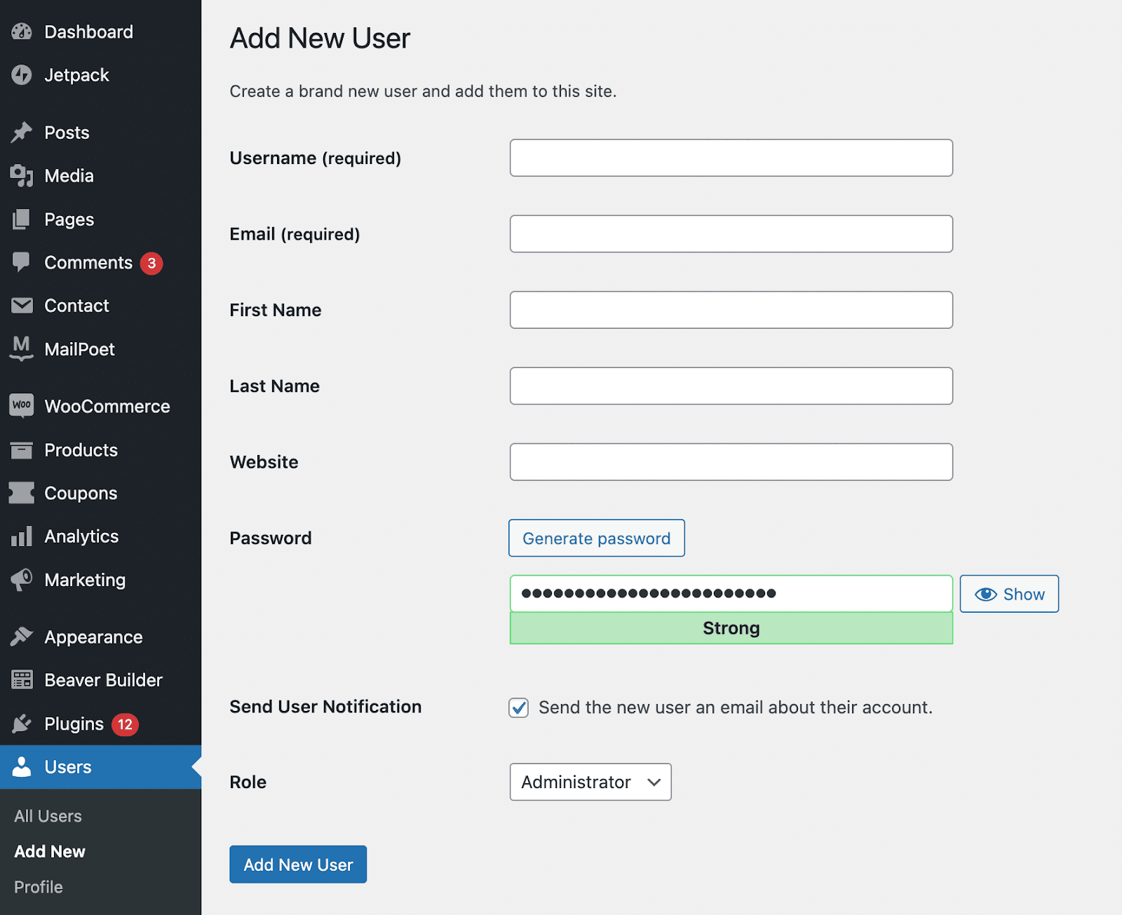 Erstellen eines neuen Benutzers in WordPress