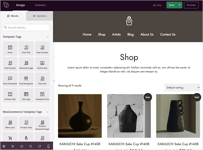 Página da loja WooCommerce no construtor SeedProd