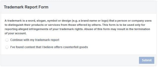 Use el formulario de informe de marcas registradas si alguien está infringiendo sus marcas registradas