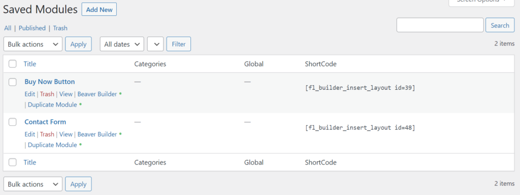 Codurile scurte ale modulelor salvate de Beaver Builder.
