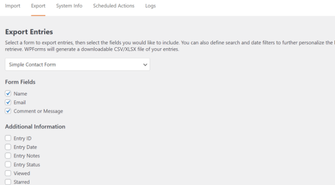 Elija las opciones de exportación en WPForms Choose export options in WPForms