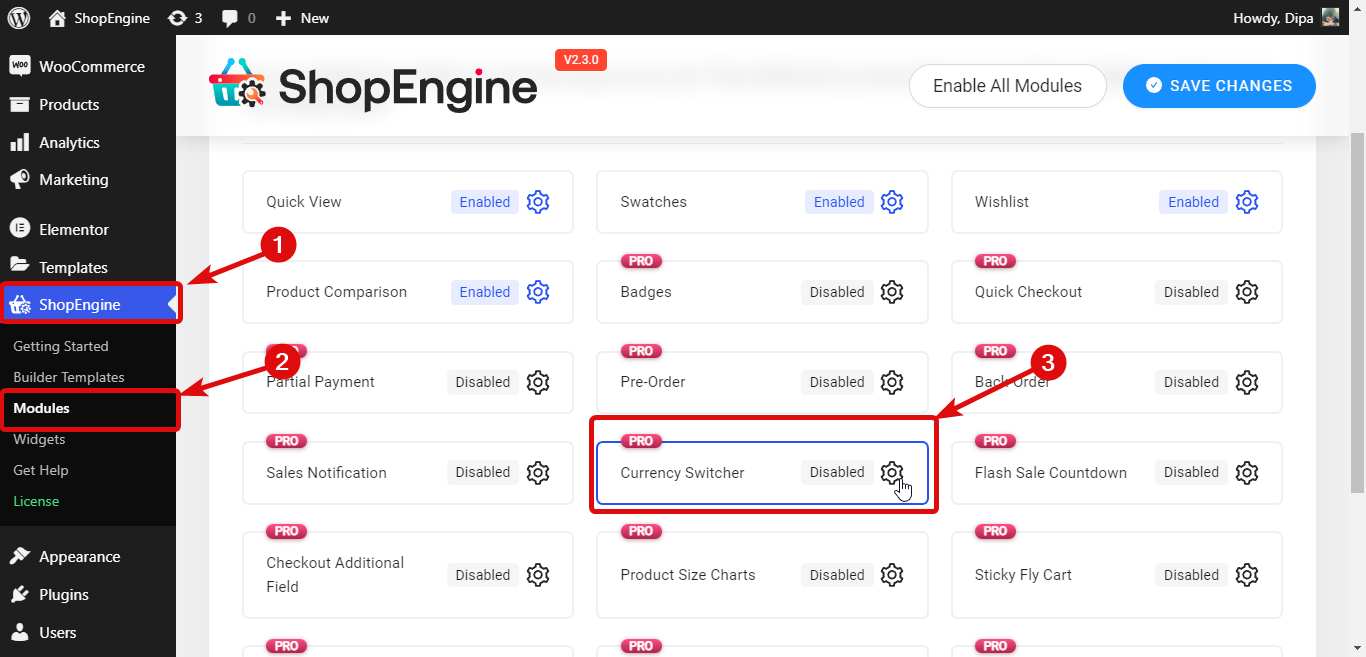 Schalten Sie das WooCommerce-Währungsumschaltermodul von ShopEngine ein