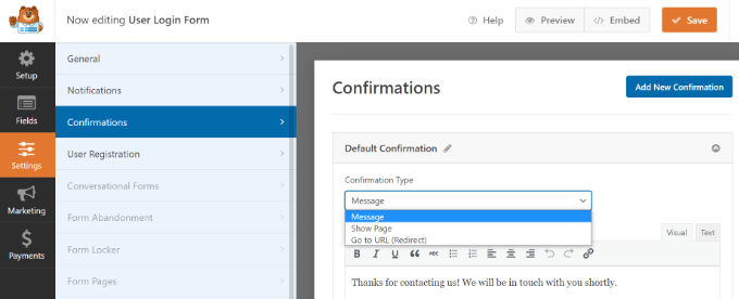 在 WPForms 中编辑确认设置 Edit confirmation settings in WPForms