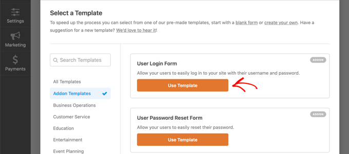 选择 WPForms 用户登录表单模板 Select the WPForms User Login Form Template