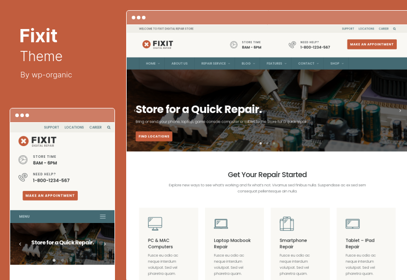 Tema Fixit - Tema WordPress reattivo per telefono, negozio di riparazione computer