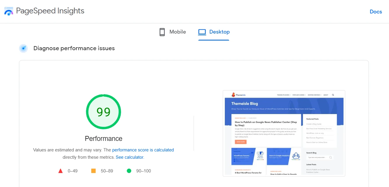 내 웹사이트가 얼마나 빠른지 알아보기 위한 PageSpeed Insights의 성능 점수