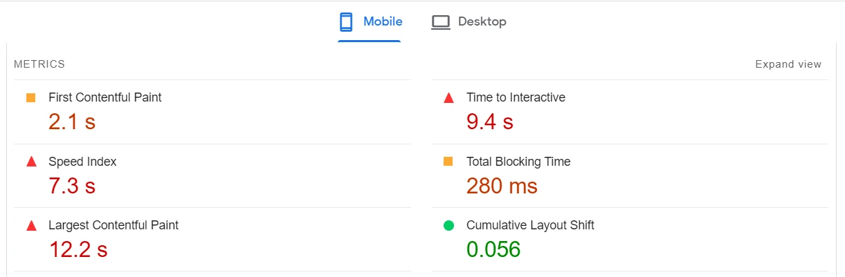 PageSpeed Insights의 열악한 Core Web Vitals 점수